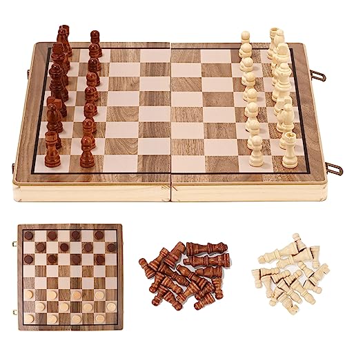 Zoutpy Juegos de ajedrez - Juego de tablero de ajedrez magnético plegable de viaje, juego portátil, juego internacional de ajedrez y damas, 2 en 1 para niños, adultos (39 x 39 cm) (color madera)