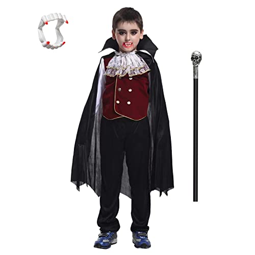 ZUCOS Disfraz clásico de vampiro para niños con dientes de vampiro y hoz (negro, 7-9 años)