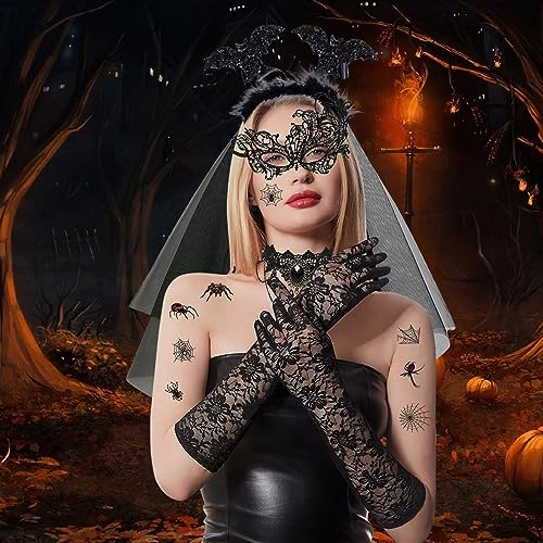 5 piezas Halloween Steampunk Mujer Accesorios Gótico Negro Encaje Guantes Collar Máscara de Ojos Diadema con 10 Pegatinas de Tatuaje Gótico Disfraz Accesorios para Carnaval Disfraces Boda Mascarada