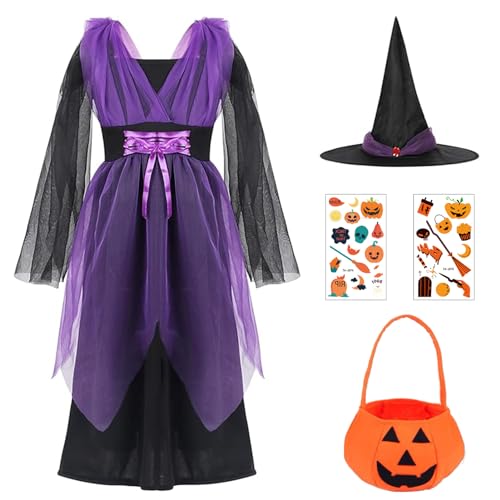 Ansamy Disfraz Halloween Bruja Niñas Vestido de Bruja con Sombrero, Disfraces de Bruja Witch para Halloween Carnaval Cosplay (150)