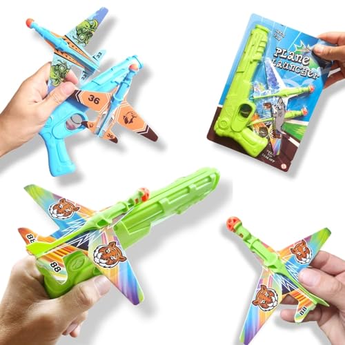 ANTEVIA - Lote de 2 planeadores de avión + pistola lanzador | niño | juguete | colores aleatorarios | ligero y sólido | Juegos Catapulta (Plane Launcher)