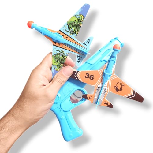 ANTEVIA - Lote de 2 planeadores de avión + pistola lanzador | niño | juguete | colores aleatorarios | ligero y sólido | Juegos Catapulta (Plane Launcher)