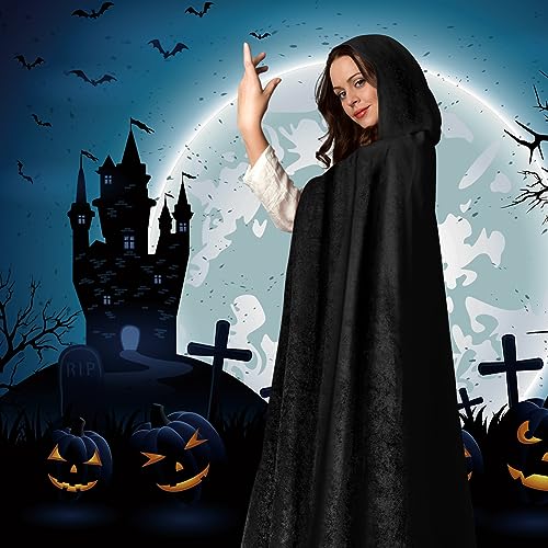 AOOWU Capa Negra de Terciopelo con Capucha, 150cm - Largo Disfraz de Vampiro para Hombre Adulto y Mujer para Halloween, Cosplay, Carnaval y Fiesta Cumpleaños