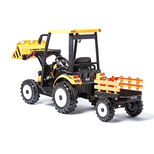 ATAA Farmer 24v - Amarillo- Tractor eléctrico para niños XXL con Potente batería de 24v, Pala Amovible, Remolque Luces música y Mando para Padres.