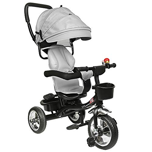 Aveo - Triciclo 4 en 1 para niños con accesorios, plegable, ventana de techo, manillar, ruedas de goma, a partir de 9 meses hasta 5 años, accesorios, color gris claro