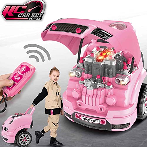 BAKAJI Officina mecánica máquina eléctrica para construir juguete niños juegos construir tu coche con luces y sonidos faros funcionales mango de empuje y llave electrónica rosa