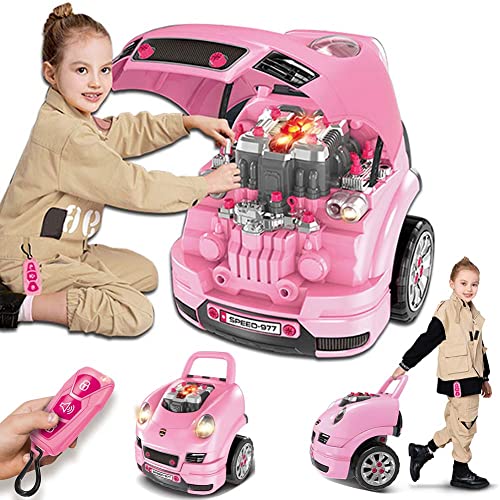 BAKAJI Officina mecánica máquina eléctrica para construir juguete niños juegos construir tu coche con luces y sonidos faros funcionales mango de empuje y llave electrónica rosa