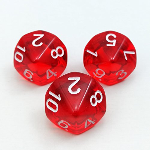 Bescon Polyhedral 10 Sides Dice with Number 1-10, Red Transparent 10 Sided Dice, 10 Sides Cube 1-10, 10pcs Set …