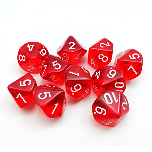 Bescon Polyhedral 10 Sides Dice with Number 1-10, Red Transparent 10 Sided Dice, 10 Sides Cube 1-10, 10pcs Set …