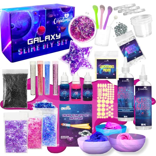 Coradoma Galaxy Slime Kit DIY con Glow in The Dark Powder | Galaxy Slime Set para niños con estrellas, purpurina y pegatinas | Limo galáctico con polvo que brilla en la oscuridad