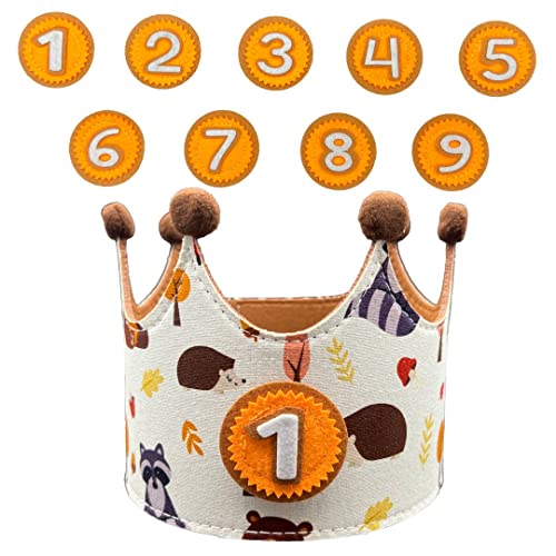 Corona de Tela, Primer Cumpleaños Bosque Bebé Infantil - Números Intercambiables 1 a 9 - Regalo Original Bebé - Gorro de Fiesta