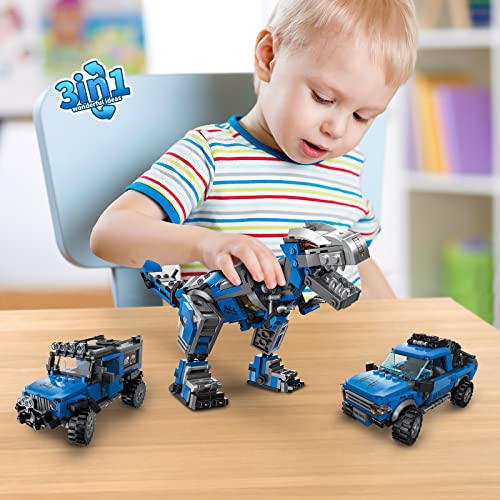 Creator 3 en 1 Bloques de construcción para niños Jurassic dinosaurio mecánico T-Rex/Pickup/SUV Técnica Juguetes Regalo para Tecnología a partir de 4 – 8 años (compatible con Lego Dino 375PCS)