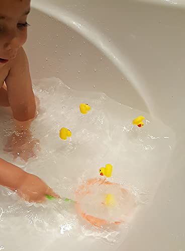D.A.Y. Republic 5 mini patos de goma amarillos con red de pesca, juguete de baño para bebé, ideal para juegos de piscina y juegos de bañera (paquete de uno)