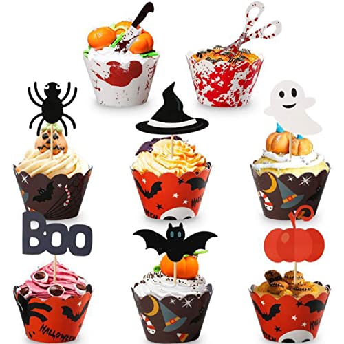 Decoración para tartas Halloween 48 unidades de Halloween Cupcake Wrappers Set de calabaza bruja sombrero espíritu murciélago araña sangrienta para tartas de papel decoración para tartas Halloween