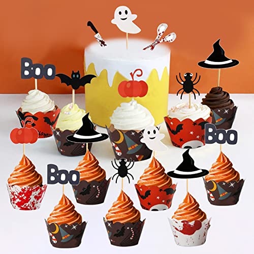 Decoración para tartas Halloween 48 unidades de Halloween Cupcake Wrappers Set de calabaza bruja sombrero espíritu murciélago araña sangrienta para tartas de papel decoración para tartas Halloween