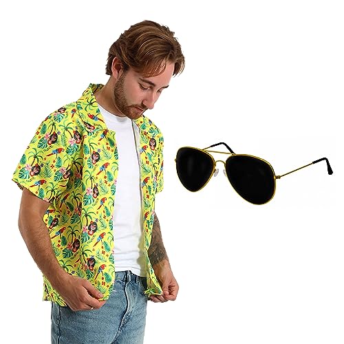 Disfraz de actor de Hollywood para adultos, talla M, camisa amarilla con estampado hawaiano y gafas de sol con marco dorado, perfecto para disfraces de personajes de película y otros eventos de