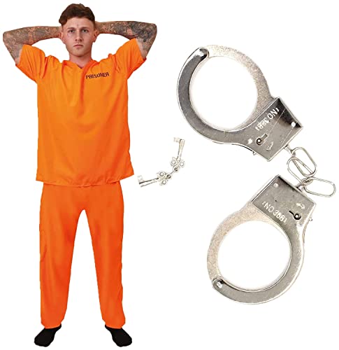 Disfraz de prisioneros unisex para adultos, con puños, talla grande, camiseta de prisionero naranja, pantalones anaranjados a juego, esposas de apoyo, policías y ladrones, disfraz de Halloween