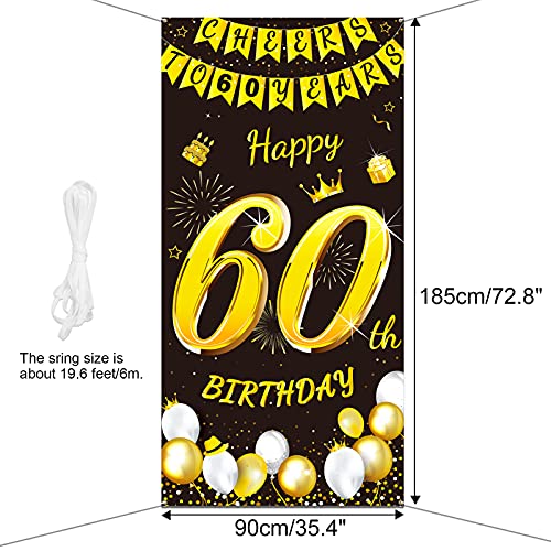 DPKOW Oro Negro 60 Años Cumpleaños Decoración para Hombre Mujer, Oro Negro Pancarta para 60 Cumpleaños Puerta Fondo Decoración, para 60 Años Cumpleaños Mesa Jardín Decoración, 185 x 90cm