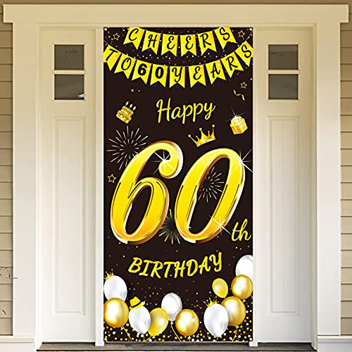 DPKOW Oro Negro 60 Años Cumpleaños Decoración para Hombre Mujer, Oro Negro Pancarta para 60 Cumpleaños Puerta Fondo Decoración, para 60 Años Cumpleaños Mesa Jardín Decoración, 185 x 90cm