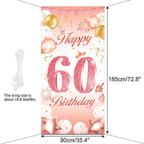 DPKOW Oro Rosa 60 Años Cumpleaños Decoración para Mujer, Oro Rosa Pancarta para Mujer 60 Cumpleaños Puerta Fondo Decoración, para Mujer 60 Años Cumpleaños Mesa Jardín Decoración, 185 x 90cm