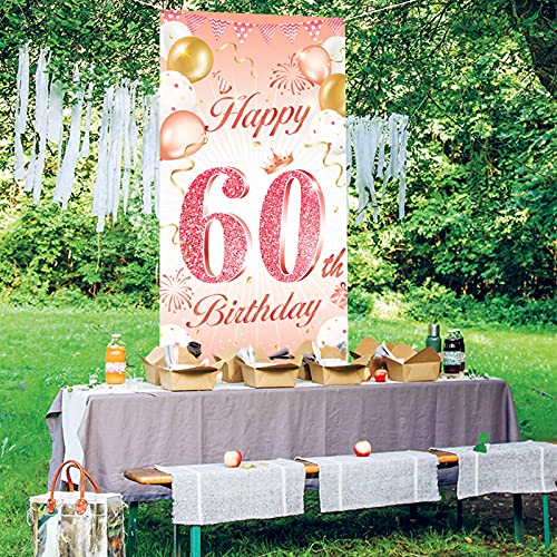 DPKOW Oro Rosa 60 Años Cumpleaños Decoración para Mujer, Oro Rosa Pancarta para Mujer 60 Cumpleaños Puerta Fondo Decoración, para Mujer 60 Años Cumpleaños Mesa Jardín Decoración, 185 x 90cm
