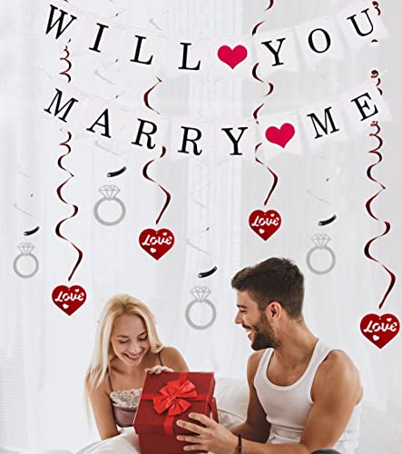 Elicola Cartel con texto en inglés "Will You Marry Me" y 10 espirales colgantes para techo, boda, matrimonio, compromiso, propuesta de telón de fondo