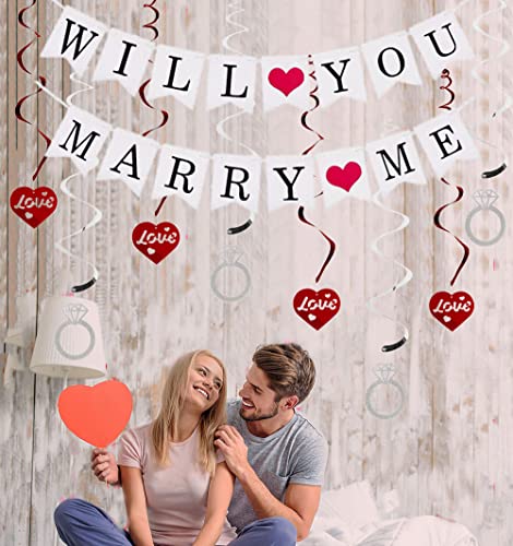 Elicola Cartel con texto en inglés "Will You Marry Me" y 10 espirales colgantes para techo, boda, matrimonio, compromiso, propuesta de telón de fondo