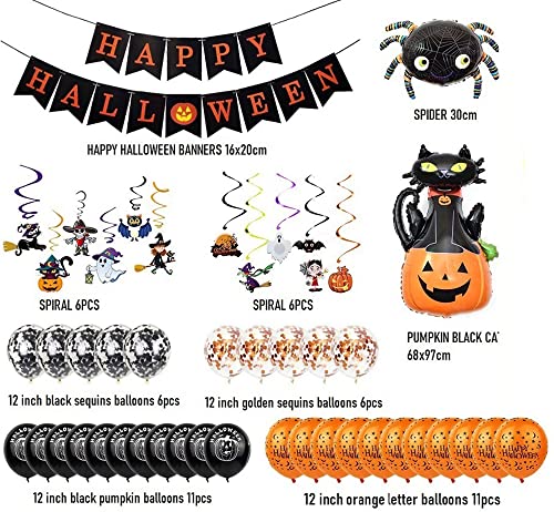 Fontee® 60 piezas halloween decoracion accesorios, Happy Halloween globos, pancarta, araña, murciélago, bruja, calabaza fantasma, para barra de Halloween, suministros de decoración para el hogar