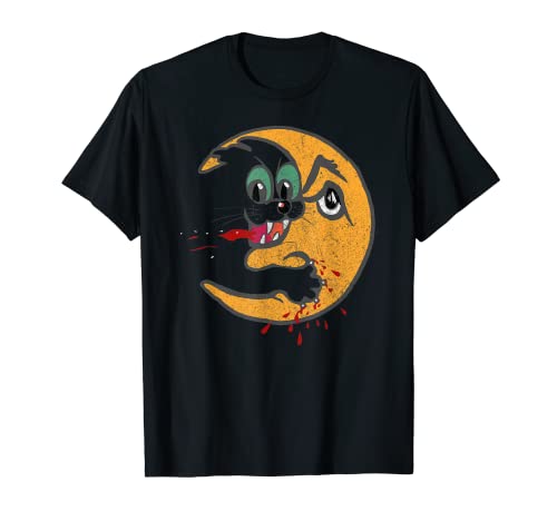 Gato vintage luna espeluznante gato sangriento ataque de luna divertido terror Camiseta