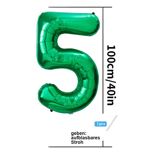 Globo de 5 años con números de cumpleaños, 5 años, globo gigante XXL, color verde, 101 cm, decoración de cumpleaños de 101 cm, decoración para cumpleaños, vuela con helio