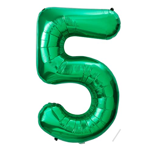 Globo de 5 años con números de cumpleaños, 5 años, globo gigante XXL, color verde, 101 cm, decoración de cumpleaños de 101 cm, decoración para cumpleaños, vuela con helio