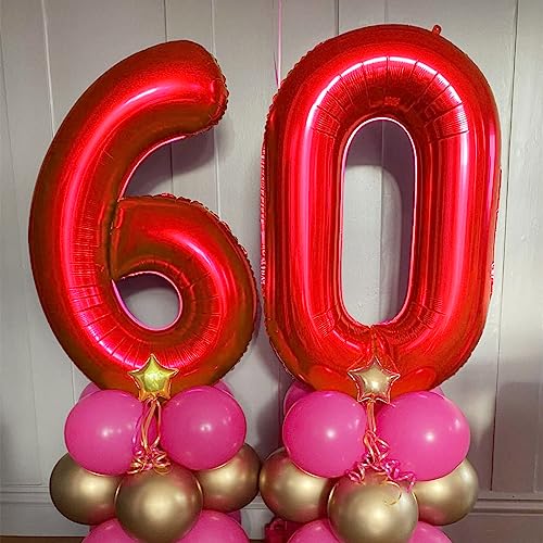 Globo de 60 cumpleaños número 60 rojo XXL gigante globo de papel de aluminio de 100 cm, decoración de cumpleaños para mujer, globo con número, decoración para cumpleaños, vuela con helio (rojo, número