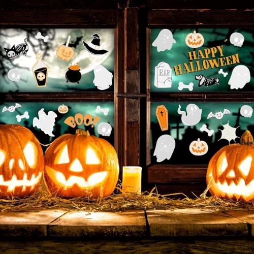 Haus Projekt Niño Halloween Decoración 62 Uds, 8x Hojas A4, Pegatinas Halloween Decorativas Reutilizables, Fiesta de Halloween, Pegatinas de Murciélago Esqueleto Gato Calabaza Fantasma