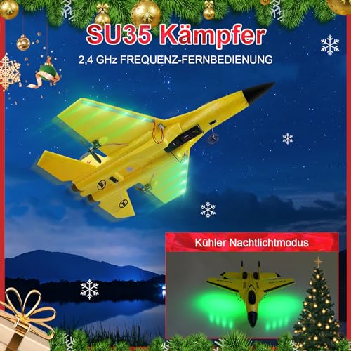 Henakmsl Avión RC de 2,4 GHz 2 CH teledirigido SU35 combatiente RC avión RTF para principiantes, niños y adultos, juguete de avión FX620 con luces de colores carga USB amarillo