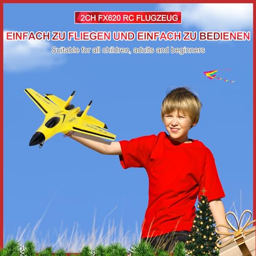 Henakmsl Avión RC de 2,4 GHz 2 CH teledirigido SU35 combatiente RC avión RTF para principiantes, niños y adultos, juguete de avión FX620 con luces de colores carga USB amarillo