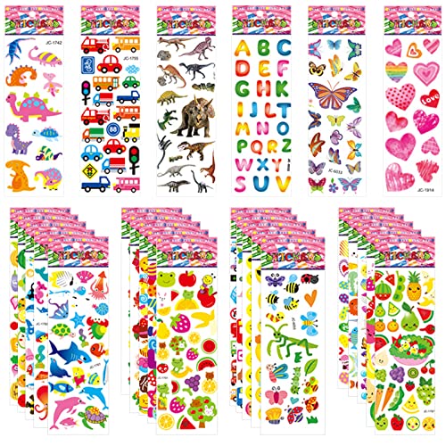 Jsdoin 50 Piezas Pegatinas Stickers, 1000+ 3D Puffy Pegatinas, Variedad de Pegatinas para Fiestas, Regalos Gratificantes, Scrapbooking, incluyendo Animales, Letras, Dinosaurios, Números, Camiones
