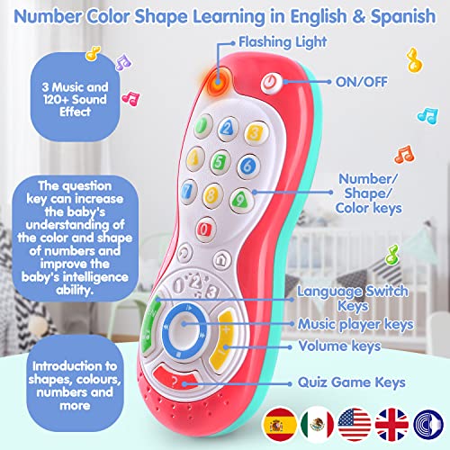 Juguete controlador de bebé – Juguetes bilingües de aprendizaje en español e inglés, control de videojuegos de simulación y combo de control remoto de TV con música y luz, regalo de cumpleaños de