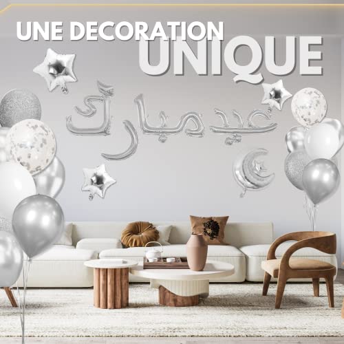 Kit de decoración Aid Mubarak 40 elementos: friso en letras árabe exclusiva, 1 globo luna + 3 estrellas, 3 globos confeti, 30 globos + 1 cinta de 5 m y 100 pastillas autoadhesivas. Plata Silver