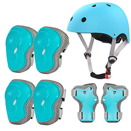 LANOVAGEAR Casco Set de Protección para niños Protección Infantil Consta de Casco Ajustable Coderas Rodilleras Muñequeras para Patinaje Skateboard Bicicleta Ciclismo monopatín Skate (XS, Azul Hielo)