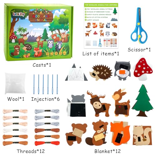Lets Joy 12 Piezas Kit Costura Niños, Kit de Costura Fieltro Animales Niños, Juego de Manualidades Coser Kit, Fieltro de Animales del Bosque, Principiantes Educativos Regalo de Cumpleaños