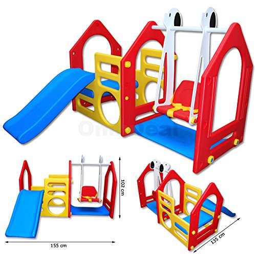 LittleTom Casa de Juegos 155x135cm para niños y niñas de 1 a 4 años Incl Tobogán Columpio Paneles de Escalada Rojo Amarillo Azul