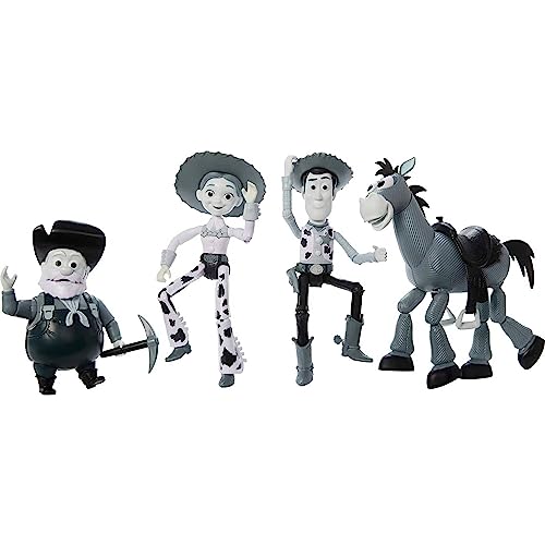Mattel Disney Pixar Toy Story Woody Roundup Pack 4 figuras en blanco y negro, Woody Jessie Bullseye Stinky Pete personajes monocromáticos de la película escala de 7 pulgadas (exclusivo de Amazon)