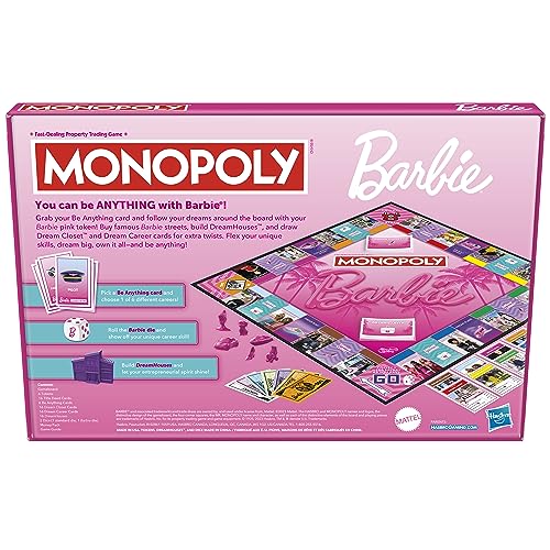MONOPOLY: Barbie Edition - Juego de mesa para niños de 8 años en adelante, 2 a 6 jugadores, divertidos juegos familiares para niños y adultos, con 6 fichas de zinc rosa con temática de Barbie, regalos