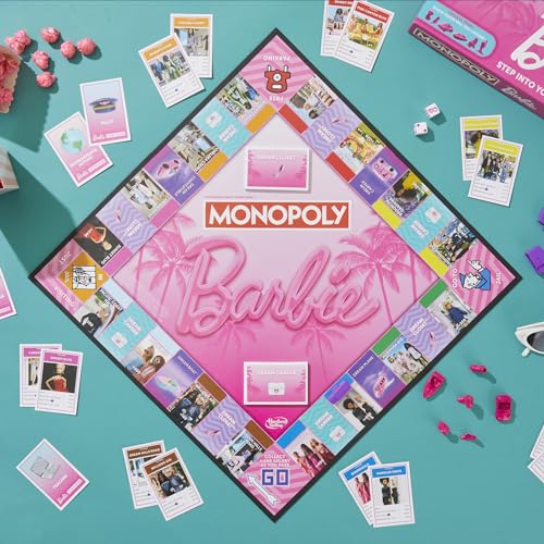 MONOPOLY: Barbie Edition - Juego de mesa para niños de 8 años en adelante, 2 a 6 jugadores, divertidos juegos familiares para niños y adultos, con 6 fichas de zinc rosa con temática de Barbie, regalos