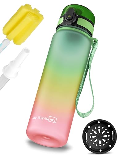 My Vesperbox Minny – Botella infantil a prueba de fugas – 350 ml, 500 ml, 750 ml – con pajita o colador – Botella de agua ligera Tritan – sin BPA – para guardería, escuela (arco iris 500 ml)