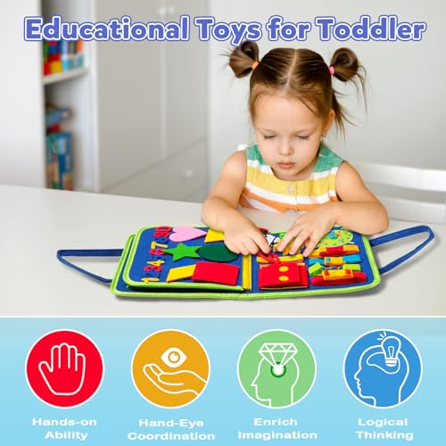 Oderra Busy Board Toddler Juguetes Montessori, Tablero de Actividades Sensorial, Portátil Tablero Activity Board Aprender Habilidades de Vida, Juguetes Educativos para 3 4 5 Años