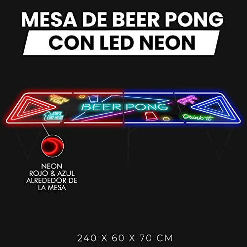 Original Cup® - Mesa de Beer Pong Iluminada con Luces de Neón Rojas y Azules - Plegable y Transportable con Revestimiento Impermeable Anti Rayos - Aprobada para Torneos de Beer Pong - Juego