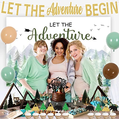 Pancarta con temática de viaje para baby shower, con texto en inglés "Let The Adventure Begin", telón de fondo de aventura, baby shower, globos para decoración de tartas para aventura espera