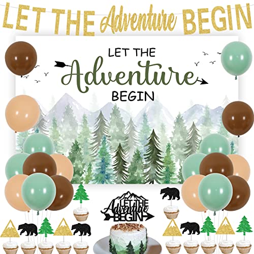 Pancarta con temática de viaje para baby shower, con texto en inglés "Let The Adventure Begin", telón de fondo de aventura, baby shower, globos para decoración de tartas para aventura espera