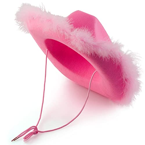Patchwork Sombrero rosa con plumas Fluffy Feather Brim Tamaño adulto Sombrero de vaquero con plumas para despedida de soltera Fiesta de disfraces Jugar Vestir Trajes para mujeres De (Pink, One Size)